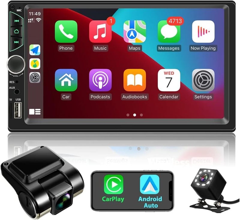 Leadfan Double Din Car Stereo with Dash Cam,Compatible with Apple Carplay,Android Auto,7 inch Touch Screen Car Radio Receiver with Bluetooth, Mirror Link, Backup Camera, Navigation, FM, USB/TF/AUX - Image 1